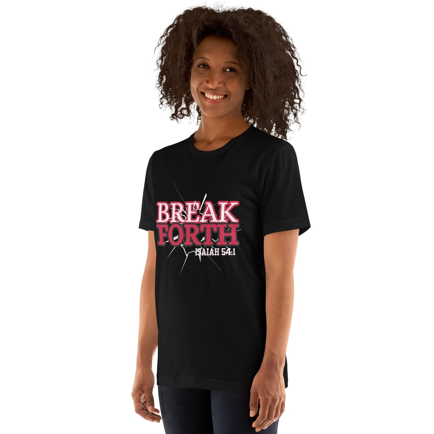 Person wearing a black t-shirt with 'BREAK FORTH' text on a white background