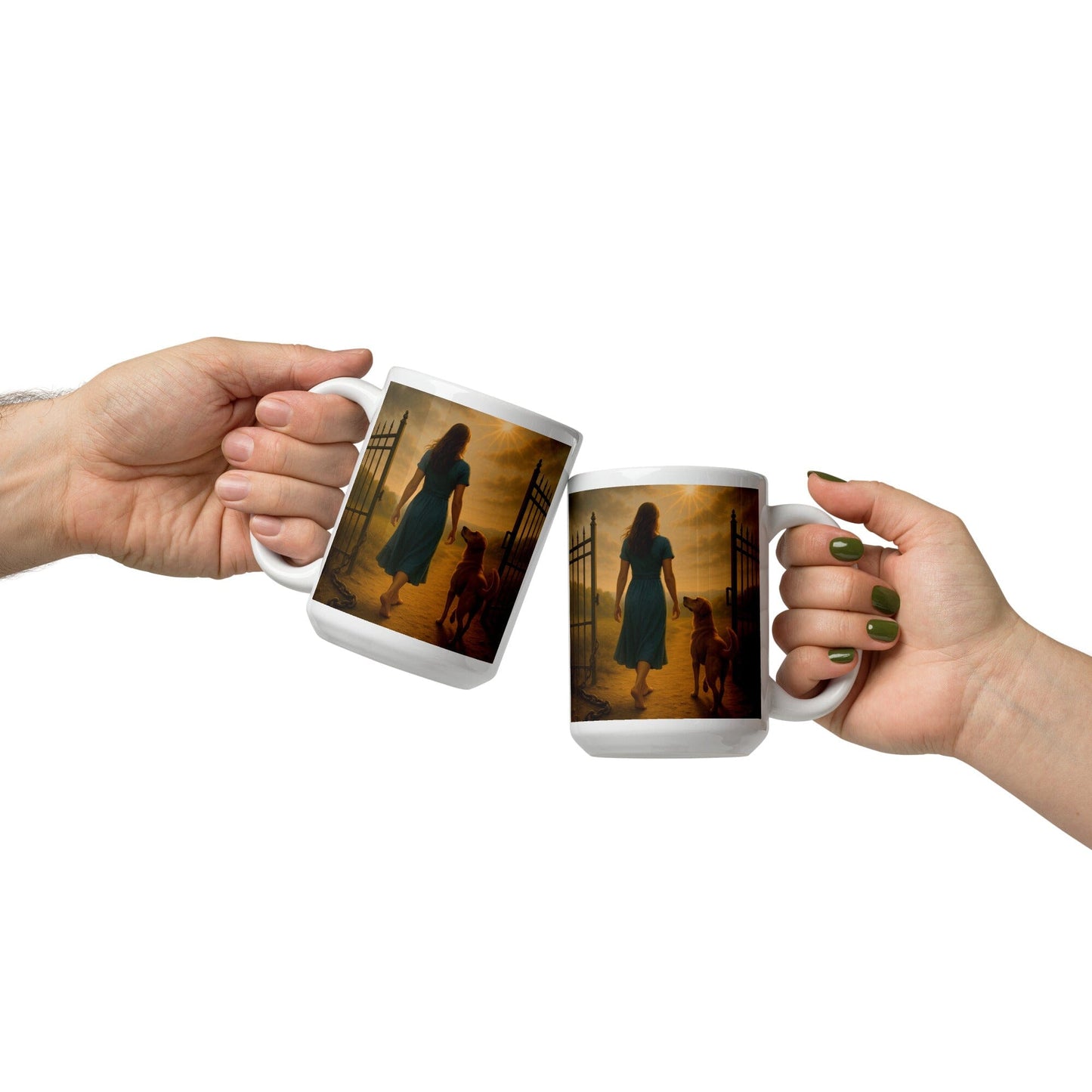 Step into wholeness with these breathtaking Mugs that tell a silent, yet powerful story of liberation. A barefoot woman walks boldly through the broken gates of her past, chains lying behind her, as light pours from the heavens ahead. Beside her, a loyal dog — her silent strength — walks faithfully forward.
This artwork was created to do more than decorate. It’s here to:
Remind you of the strength it takes to heal.
Reflect the beauty of your faith-filled journey.
Encourage every woman who has ever felt