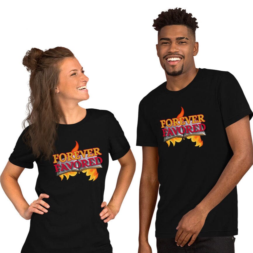 Two people wearing black t-shirts with 'Forever Favored' design on a white background