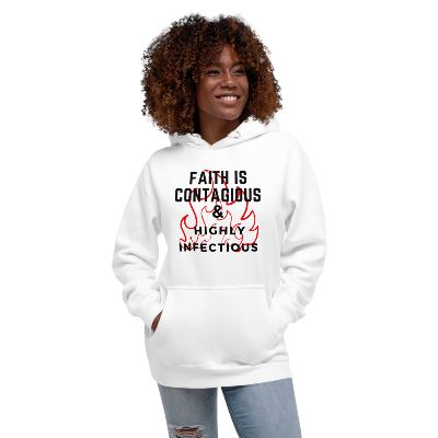 Show your faith and your sense of style with this Faith Is Contagious Hoodie. This comfortable hoodie is made with a high quality cotton-poly blend, providing warmth and durability. It features a bold statement that will inspire you and those around you. Get your Faith Is Contagious Hoodie today!