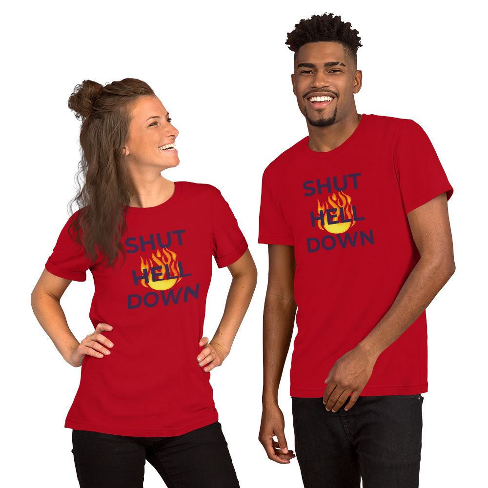 Our Shut Hell Down T-Shirts are made from premium, heavyweight cotton for maximum comfort and durability. Featuring a bold "Shut Hell Down" graphic, this t-shirt is a stylish way to make a powerful statement. With its classic fit and heavyweight fabric, this t-shirt is perfect for any occasion.
