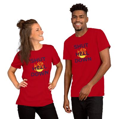 Our Shut Hell Down T-Shirts are made from premium, heavyweight cotton for maximum comfort and durability. Featuring a bold "Shut Hell Down" graphic, this t-shirt is a stylish way to make a powerful statement. With its classic fit and heavyweight fabric, this t-shirt is perfect for any occasion.