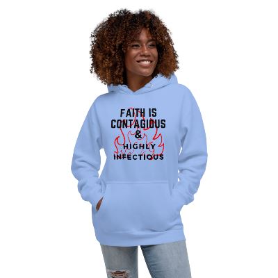 Show your faith and your sense of style with this Faith Is Contagious Hoodie. This comfortable hoodie is made with a high quality cotton-poly blend, providing warmth and durability. It features a bold statement that will inspire you and those around you. Get your Faith Is Contagious Hoodie today!