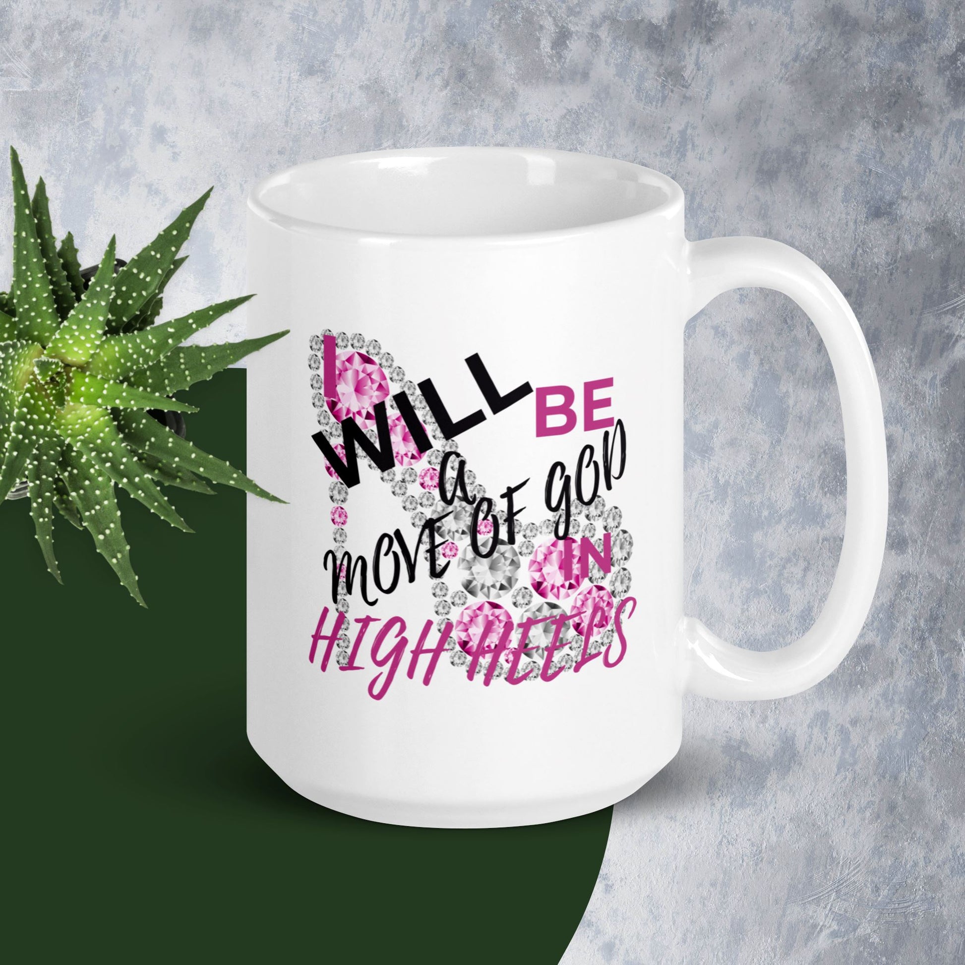 Enjoy your morning coffee or tea with this beautiful, glossy mug featuring the inspiring "I Will Be A Move of God In High Heels" slogan. It's exquisite design and lightweight construction provides comfort and convenience for everyday use.